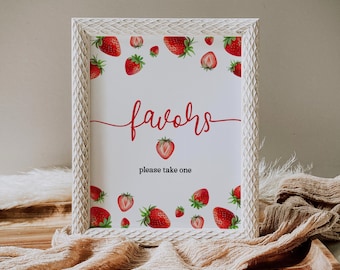 Strawberry Favors Sign Template | Berry Sweet Sign | Baby Shower Table Sign | Editable Favors Sign | Please Take One Sign | Edit in Canva