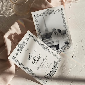 French Baroque Save The Date Photo Invitation Editable Template | Whimsical Wedding Invite Vintage | Hand Drawn Bridal Card | Canva