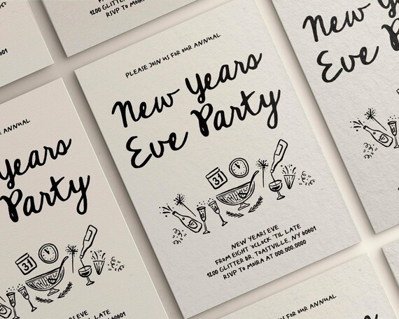 Whimsical Hand Drawn New Years Eve Party Invitation | Holiday Cocktail Party Invite | Whimsical NYE Party | Editable Invite | Canva Template