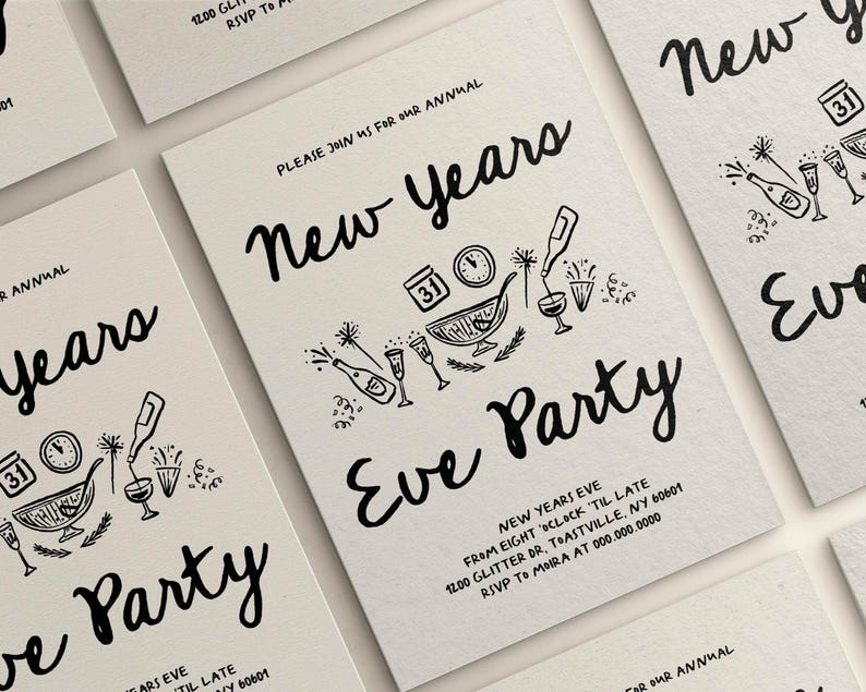 K&ouml;nnte beinhalten: Schwarz-wei&szlig;e illustrierte Einladung zu einer Silvesterparty mit dem Text "Bitte schlie&szlig;en Sie sich uns zu unserer j&auml;hrlichen Silvesterparty an" und Details zur Veranstaltung.