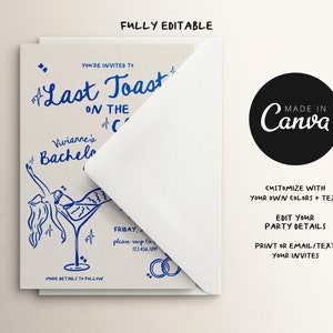 Może przedstawiać: Niebiesko-białe zaproszenie do wydrukowania na wiecz&oacute;r panieński. Zaproszenie przedstawia kobietę w kieliszku do martini z tekstem "Ostatni toast na wybrzeżu" i "Wiecz&oacute;r panieński Vivianne".