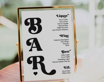 Retro BAR Menu Sign Template | Editable Bar Drinks Menu Table Sign Printable | Boho Party Wedding Bar Liquor Sign | Instant Download | CANVA