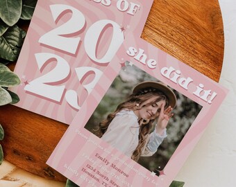 Groovy Pink Graduation Announcement Template | Retro Graduation Invite | Groovy Graduation Invitation Template Download | Edit in CANVA