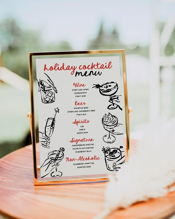 Christmas Cocktail Drink Menu Sign Editable | Holiday Drink Menu | Signature Drink Sign | Hand Drawn | Canva Template DOWNLOAD