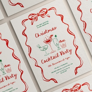 Christmas Cocktail Party Invitation Bow Frame Editable | Whimsical Holiday Invite | Hand Drawn | Vintage Christmas | Canva Template