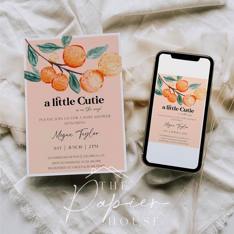 May include: A peach-colored baby shower invitation with a watercolor illustration of a branch of orange trees. The text reads "a little cutie is on the way!" and includes the name "Megan Taylor" and the date and time of the shower.