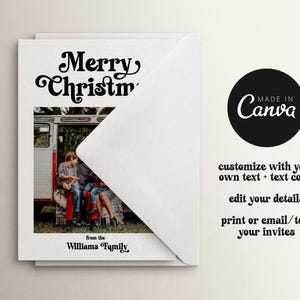 May include: A white Christmas card with a family photo, partially covered by a white envelope. The card features the text "Merry Christmas" in a decorative font, and "from the Williams Family". A black circle with "Made in Canva" is also visible.