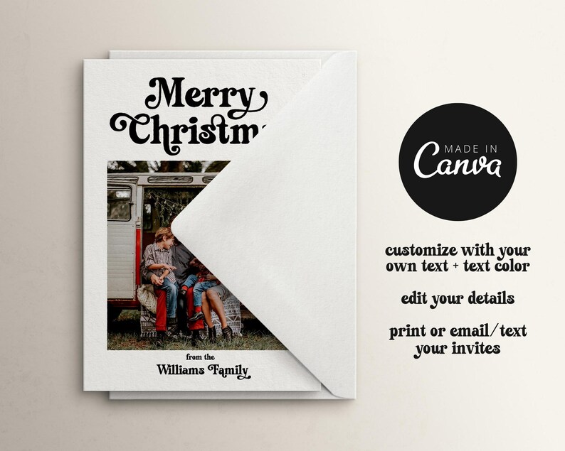 May include: A white Christmas card with a family photo, partially covered by a white envelope. The card features the text "Merry Christmas" in a decorative font, and "from the Williams Family". A black circle with "Made in Canva" is also visible.