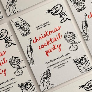 Christmas Cocktail Party Invitation Editable | Whimsical Holiday Invite | Hand Drawn | Retro Holding Drink Illustrations | Canva Template