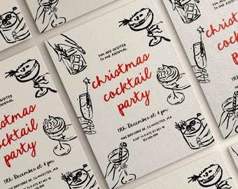 Christmas Cocktail Party Invitation Editable | Whimsical Holiday Invite | Hand Drawn | Retro Holding Drink Illustrations | Canva Template