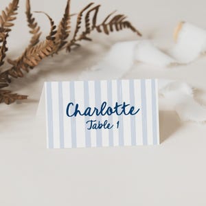 Editable Place Card Template, Coastal Beach Wedding, Blue White Striped Place Card, Place Setting Name Card, Table Number Place Card, CANVA