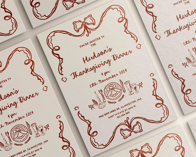 May include: A red and white Thanksgiving dinner invitation with a decorative bow and the text "You're invited to the Hudson's Thanksgiving Dinner 4 pm 18th November 2014".