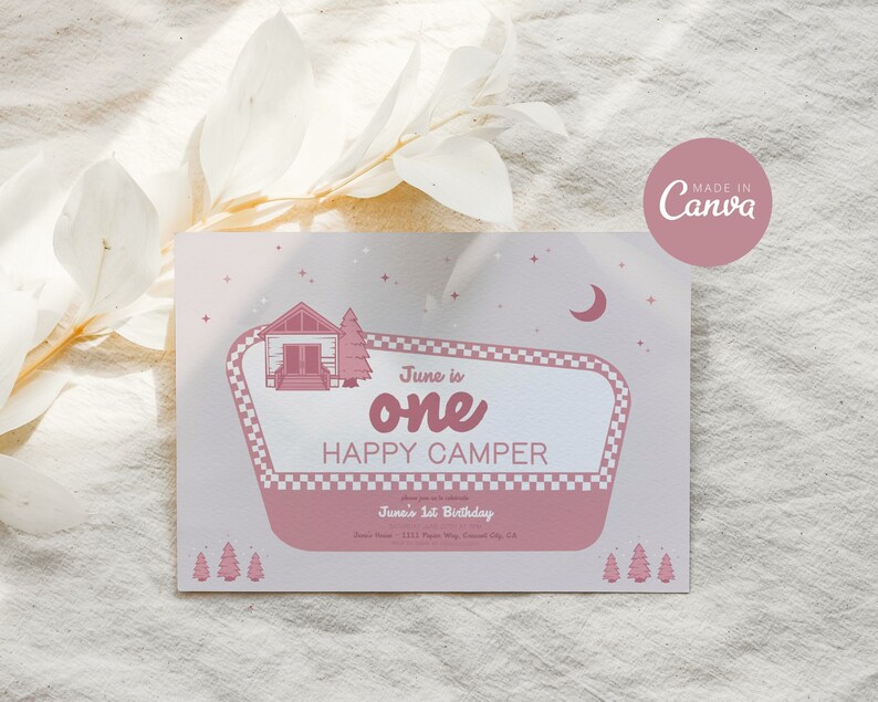 Editable One Happy Camper Photo Invitation Happy Camper Birthday National Park Party Theme Girl First Birthday Invite Canva Template image 3