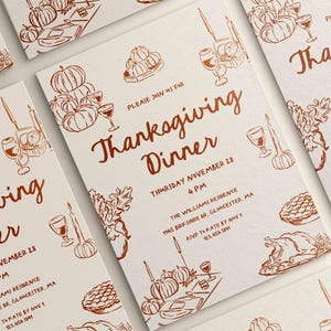 May include: A Thanksgiving dinner invitation with a brown and white background. The invitation features a handwritten font in brown that says "Thanksgiving Dinner" and includes details about the event, such as the date, time, and location. The invitation is decorated with illustrations of pumpkins, candles, and a turkey.