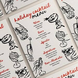 May include: A holiday cocktail menu with hand-drawn illustrations of drinks. The menu lists different categories of drinks, including wine, beer, spirits, signature cocktails, and non-alcoholic options.