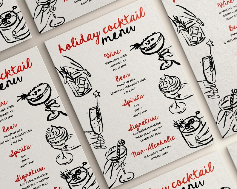 May include: A holiday cocktail menu with hand-drawn illustrations of drinks. The menu lists different categories of drinks, including wine, beer, spirits, signature cocktails, and non-alcoholic options.