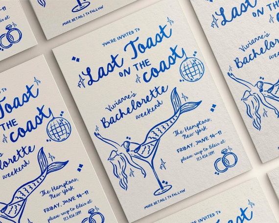 Coastal Bachelorette Invitation Itinerary Template, Last Toast on the Coast, Mermaid Last Splash, Beach Bachelorette Party Hand Drawn Invite