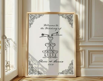 Wedding Welcome Sign Template | Whimsical Wedding Sign | French Baroque Frame | Champagne Tower | Vintage Wedding Sign | Hand Drawn | Canva