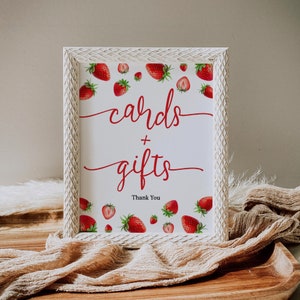 Strawberry Cards & Gifts Sign Template | Berry Sweet Sign | Baby Shower Table Sign | Editable Gifts Sign | Cards Table Sign | Canva