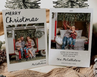 May include: Two Christmas cards with photos of families. The first card has a photo of a family of four standing in front of a vintage van. The second card has a photo of two young boys hugging in front of a vintage van. Both cards have the text "Merry Christmas" and "the McCallisters" on them.