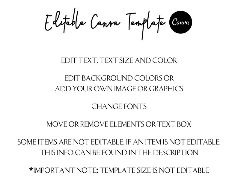Pu&ograve; includere: Modello Canva modificabile con istruzioni su come modificare il testo, la dimensione del testo, il colore, i colori di sfondo, aggiungere immagini o grafica, modificare i font, spostare o rimuovere elementi o caselle di testo. Alcuni elementi non sono modificabili. Nota importante: la dimensione del modello non &egrave; modificabile.