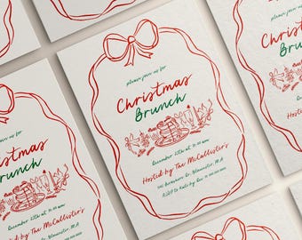 May include: A red and green Christmas brunch invitation with a hand-drawn illustration of a festive dessert and a bow. The invitation reads "Please join us for Christmas Brunch" and includes the date, time, and location of the event.