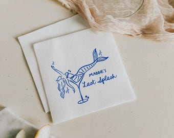 Last Splash Serviettenvorlage | Meerjungfrau in Martini Glasserviette | Bachelorette Cocktail Serviette | Hand gezeichnete Serviette | Farbe Bearbeitbar | Leinwand