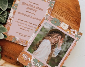 Retro Floral Graduation Announcement Template | Boho Flower Graduation Invite | Groovy Graduation Invitation Template Download | CANVA