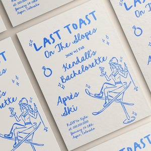 Sjabloon laatste toast op de hellingen vrijgezellenfeest uitnodiging weekend reisplan | Vrouw in cocktail | Uitnodigingskaart Après-ski Mountain Bach-feest