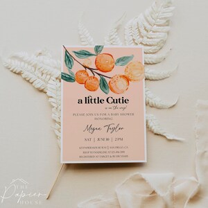 May include: A peach-colored baby shower invitation with a watercolor illustration of orange blossoms and the text "a little Cutie is on the way!"  Please join us for a baby shower honoring Megan Taylor.  Sat. June 10, 2 PM. 123 Papier House Way | San Diego, CA. RSVP to Madeline at 123.456.7891. Registered at Target & Buy Buy Baby.