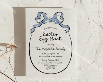 Hand Drawn Easter Egg Hunt Invitation Template, Blue Bow Easter Invitation, Bunny Easter Party Invite, Whimsical Easter, Canva Template
