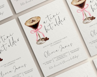 A Tini Bit Older Espresso Coquette Birthday Invitation Template | Dirty Martini Cocktail Theme | Bow Coquette Invite | Editable Party Invite