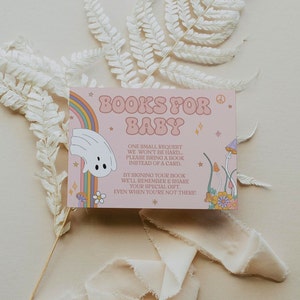 Bewerkbare boeken voor babykaartsjabloon | Retro Halloween-boekverzoekkaarten | Kleine Boo Ghost Girl babyshower | Digitale download | CANVA