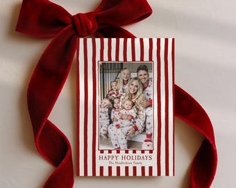 Vintage Stripe Christmas Photo Card Template, Editable Holiday Card, Modern Retro Family Photo Card, Editable Canva Template, Hand Drawn