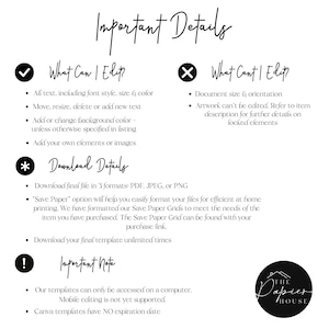 May include: A checklist of important details for editing and downloading digital templates. The checklist includes what can and cannot be edited, download details, and an important note. The note states that templates can only be accessed on a computer, mobile editing is not yet supported, and Canva templates have no expiration date.