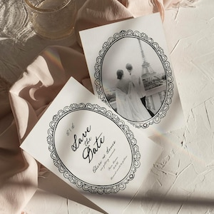 French Baroque Save The Date Photo Invitation Editable Template | Whimsical Wedding Invite Vintage | Hand Drawn Bridal Card | Canva