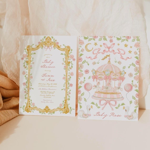 Whimsical Carousel Baby Shower Invitation French Baroque, Pink Bows Invite, Fairytale Theme, Enchanted Baby Shower, Editable Canva Template