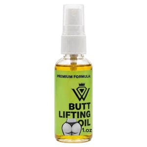 Pode incluir: Uma garrafa de vidro transparente com um borrifador branco contém um líquido amarelo. O rótulo verde diz "BUTT LIFTING OIL" com um gráfico de uma retaguarda. A garrafa contém 29,57 ml.