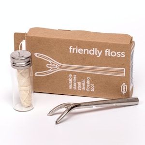 friendly floss; the reusable floss holder replacing single use picks - use with any floss thread your way control tension rotate wash reuse.