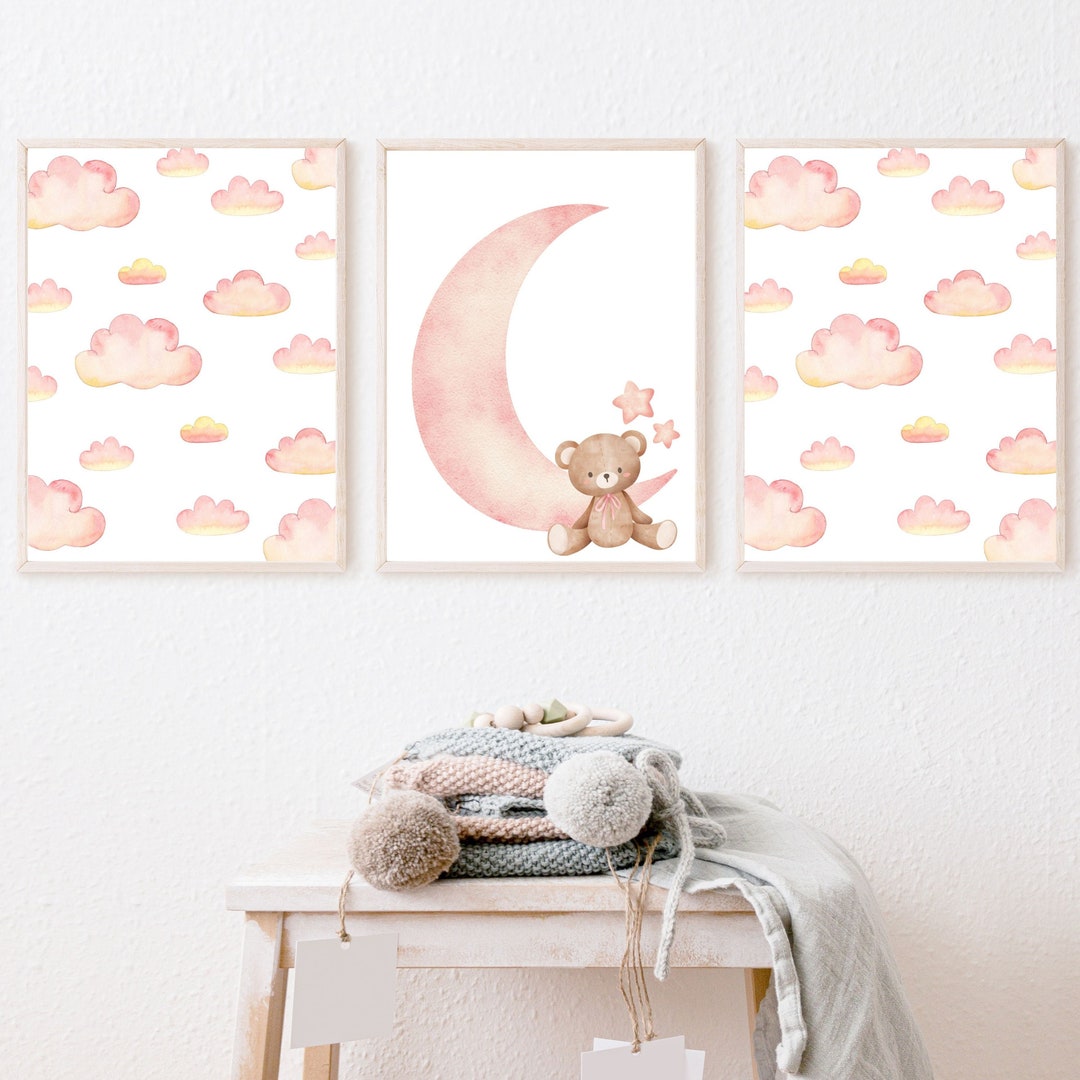 Pink Moon Wall Art Set, Pink Cloud Wall Art Set, Girl, Baby, Nursery