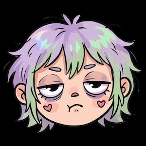 May include: Digital download graphic featuring a cartoon face with purple and green hair, a tired expression, and heart-shaped blush. Text at the top reads "PNG FILE | DIGITAL DOWNLOAD" and at the bottom "COMMERCIAL USE".