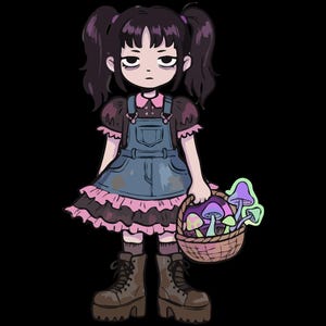 以下が含まれることがあります： デジタルダウンロードイラスト。ツインテールの黒髪の女の子が、デニムのドレスを着て、キノコのバスケットを持っています。画像には「PNGファイル｜デジタルダウンロード」と「商用利用」の文字が含まれています。