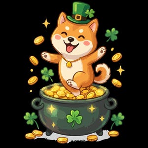 May include: A digital illustration of a Shiba Inu dog wearing a green hat with a shamrock, standing in a pot of gold coins. The image has the text "PNG FILE | DIGITAL DOWNLOAD" and "COMMERCIAL USE" on a black background.