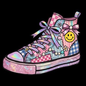 May include: A colourful high-top trainer with a patchwork design in pink, blue, and white gingham and floral patterns. The shoe features a smiley face, bows, and beaded accents. Text on the image reads "PNG FILE | DIGITAL DOWNLOAD" and "COMMERCIAL USE."