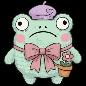 May include: A cartoon illustration of a sad frog wearing a beret with a heart, a large bow, and holding a flower pot. The frog is light green with pink cheeks. Text at the top reads "PNG FILE | DIGITAL DOWNLOAD" and at the bottom "COMMERCIAL USE".