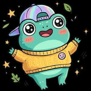 Könnte beinhalten: Cartoon-Illustration eines türkisfarbenen Frosches mit gelbem Pullover und einer Baseballkappe in Regenbogenfarben. Der Frosch hat große Augen und lächelt. Das Bild enthält den Text "PNG FILE | DIGITAL DOWNLOAD" und "COMMERCIAL USE" auf schwarzem Hintergrund.