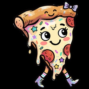 May include: A cartoon pizza slice with a smiling face, wearing shoes and a bow, with the text "PNG FILE | DIGITAL DOWNLOAD" and "COMMERCIAL USE" on a black background. The pizza has pepperoni, sprinkles, and star-shaped sprinkles.