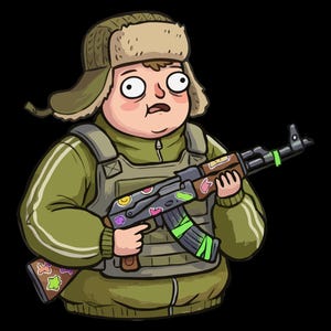May include: Digital download graphic featuring a cartoon character in a green military-style outfit and a fur hat, holding a decorated AK-47. The image includes the text "PNG FILE | DIGITAL DOWNLOAD" and "COMMERCIAL USE" on a black background.