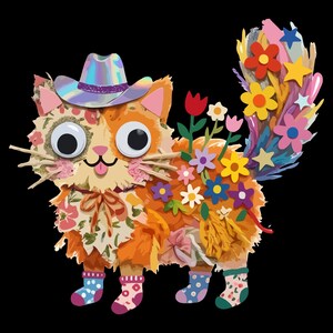 Puede incluir: Ilustración caprichosa de un gato con sombrero de vaquero y calcetines, adornado con flores de colores. El gato es naranja y blanco con grandes ojos saltones. El texto en la imagen dice "PNG FILE | DIGITAL DOWNLOAD" y "COMMERCIAL USE".
