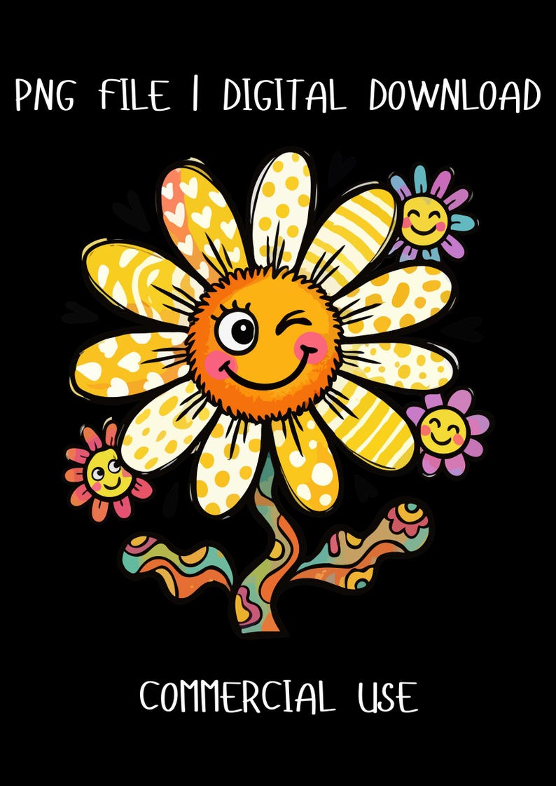 Groovy Sunflower Clipart PNG, Retro 70s Floral Art, Winking Daisy ...